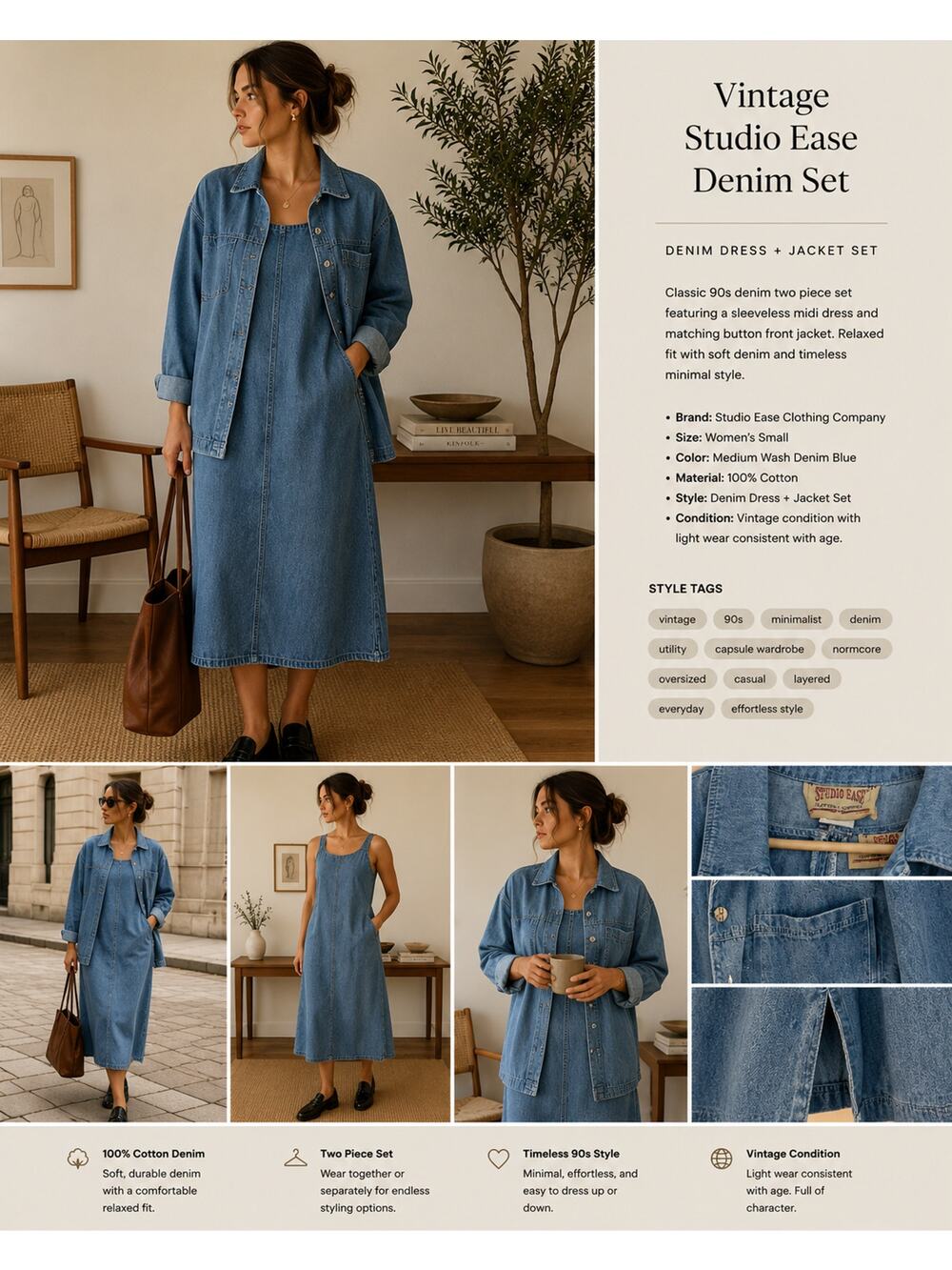 Vintage Studio Ease Denim Dress & Jacket Set 90s Minimal Utility ✨